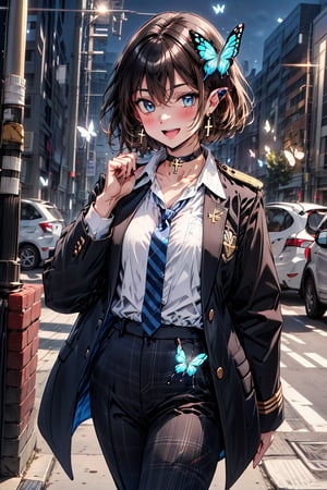 Masterpiece, Top Quality, 2020 Anime, Succubus Queen,

1 girl, solo, chest, looking at viewer, blush, smile, short hair, open mouth, bangs, jewel blue eyes, hair ornament, long sleeves, hair between the eyes, school uniform, standing, collarbone, Jacket, white shirt, (light brown-black hair) blue or sparkling cross earrings, open clothes, lace-coordinated choker with a cross, stripes, collared shirt, pants, , hand raised, open jacket, dark blue uniform jacket, Sleeves past the wrists, dress shirt, plaid pattern, chair, black pants, shiny shiny hair slightly wavy, uniform blazer, butterfly, blue tie, cross hairpin, butterfly hair ornament, hidden shirt , , Striped blue tie, blue butterfly, (plaid uniform trousers), Background is night city, (night), school shopping district at night, road, street, students returning from school,pink ribbon hair accessory