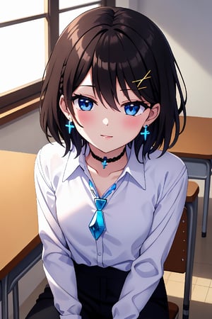 Masterpiece, highest quality, illustration, succubus princess, cute, cute, (portrait: 1), (close-up:1), 1 girl, solo, looking at viewer, blushing, smiling,


Her blue jewel-like eyes are so beautiful that you can almost be sucked into them.
Short hair, small braids (bangs are black and brown), hair between black and brown, holy cross hair ornament, shining blue cross hair ornament, blue cross clip, shiny inner hair (brown and blue) two-tone hair)

Accessories include gold and silver jewelry, x hair ornaments, and cross hair clips.
Butterfly earrings, butterfly & jewel choker (earrings & choker), (silk jet black lace choker), feminine black lace choker

Butterfly earrings, butterfly and jewel choker,
(Earrings and Chokers), A choker is a jet black lace choker accessory that resembles silk women's underwear or gold or silver jewelry.

short hair, bangs, blue eyes, brown hair, shirt, hair ornament, long sleeves, hair between the eyes, sitting, school uniform, jacket, white shirt, parted lips, tie, hair clip, collared shirt, pants, indoors, , medium hair, black jacket, plaid, window,
Plaid slacks, chair, black pants, blazer, hair ornament, blue tie, desk, school desk