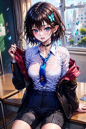 Masterpiece, highest quality, illustration, succubus princess, cute, cute, 
Off-shoulder, (off-shoulder gakuran), (taking off school uniform), (((pants are taken off and shorts are visible)))

school gakuran uniform
,((gakuran neck hook)),
school uniform,
gakuran pants,uniform white shirt,
uniform black slacks,gakuran gold buttons
open clothes,
double jacket,
big breasts
((very short hair:1.2)),
((boyish beautiful girl:1.4)),

Beautiful black lingerie, succubus pointed ears, succubus tail, succubus markings, tattoo on lower abdomen

Her blue jewel-like eyes are so beautiful that you can almost be sucked into them.
Short hair, small braids (bangs are black and brown), hair between black and brown, holy cross hair ornament, shining blue cross hair ornament, blue cross clip, shiny inner hair (brown and blue) two-tone hair)

Accessories include gold and silver jewelry, x hair ornaments, and cross hair clips.
Butterfly earrings, butterfly & jewel choker (earrings & choker), (silk jet black lace choker), feminine black lace choker

Butterfly earrings, butterfly and jewel choker,
(Earrings and Chokers), A choker is a jet black lace choker accessory that resembles silk women's underwear or gold or silver jewelry.

short hair, bangs, blue eyes, brown hair, shirt, hair ornament, long sleeves, hair between the eyes, sitting, school uniform, jacket, white shirt, parted lips, tie, hair clip, collared shirt, pants, indoors, , medium hair, black jacket, plaid, window,
Plaid slacks, chair, black pants, blazer, hair ornament, school