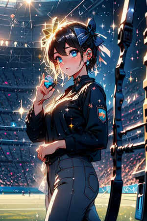 Paris Olympics, (((Archery))), Olympic archery competition, anime-style beauty, 1 person, ((Short pointy ears, succubus demon ears: 0.7)), boyish girl,
(shiny black hair, very short hair), boyish girl, lively girl, , cross lace choker, cross necklace, cross earrings, Blake,
Archery, arrow (projectile), blue pants, bow, (weapon), chest guard, long sleeves, playing sports, single glove, solo, stadium, visor cap, ((bowstring)), holding a bow, (weapon), holding an arrow, taking aim, fingerless gloves, athlete's uniform, target within range, Olympic venue, ((Olympic stadium, crowd in distant stands, stadium, Olympic venue)),
Blake, , vibrant colors, sharp focus, best quality, depth of field, cinematic perfect lighting, (illustration, 8k CG,Very detailed),Ultra detailed,High resolution,Fireflies,Perfect light,8k,Very clear,Best quality,High resolution.Best quality,Illustration,Saxe blue,Single woman,Cute,(Dynamic lighting: 1.2),Cinematic lighting,Delicate facial features,Detailed eyes,Sharp pupils,Realistic pupils,Depth of field,Bokeh,Sharp focus,(Ultra detailed,Bloom,Sparkle: 1.4),Lots of little gems,Intermission,Cheering,Official scorer,Spectators in distant stands,Stadium,Olympic venue,