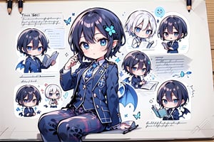 (Cute two-headed character, chibi character, moving chibi character, full body chibi character),BREAK 1 girl, (solo), (16 years old),
(very short hair, boyish beautiful girl: 1.2), ((short hair in the back, long hair in the front)),
Blake,
(girl focus, female breasts), (blue eyes, beautiful like jewels), embarrassed expression, BREAK,
Studying inside a school library or studying in a classroom, (illustrations in an open notebook, old illustrations of female demons in illustrations in a book: 1.3), ((pencil drawing of a succubus in an ancient document, old ancient document)),
BREAK, dark blue blazer uniform, white collared shirt, long sleeves, (blue tie), (checkered blazer pants, plaid pants), dark jacket, peeking, BREAK viewer, (focus on face), sitting in a chair to study, concentrating, tilting head, (cute gestures: 1.2), ((blue cross earrings, blue inside of hair)), blue butterfly hair ornament on head