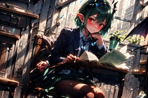 High quality, masterpiece, beautiful, BREAK One girl, (solo), (16 years old), (((sitting, cross-legged, mantou-za))), girl sitting at desk in classroom, study scene (close-up of black stockings), (peeking in: 1.2), fluffy, fragrant, shiny black hair, green on the inside, hair starting to dye, ((short pointed ears, succubus's short pointed ears)), (very short hair, boyish beautiful girl: 1.2), (short hair in the back and long hair in the front) break, ((first love)),, (concentrating on study posture: 1.3), (red eyes, beautiful like jewels), (evil embarrassed expression), BREAK, studying in school library or studying in classroom, (illustration in open notebook, old illustration of female demon in book illustration), ((pencil drawing of beautiful green-haired girl holding a bat in old manuscript, old manuscript)), BREAK , dark blue blazer uniform, white collar shirt, long sleeves, (blue tie), (checkered blazer skirt), black jacket, peeking, BREAK the viewer, (attention to face), sitting in chair studying, concentrating, tilting head, (cute gestures: 1.2), ((blue cross earrings, blue hair inside)), blue butterfly hair ornament on head