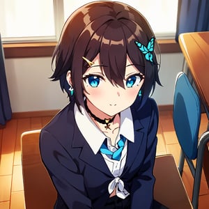 Masterpiece, highest quality, illustration, succubus princess, cute, cute, (portrait: 1), (close-up:1), 1 girl, solo, looking at viewer, blushing, smiling,


Her blue jewel-like eyes are so beautiful that you can almost be sucked into them.
Short hair, small braids (bangs are black and brown), hair between black and brown, holy cross hair ornament, shining blue cross hair ornament, blue cross clip, shiny inner hair (brown and blue) two-tone hair)

Accessories include gold and silver jewelry, x hair ornaments, and cross hair clips.
Butterfly earrings, butterfly & jewel choker (earrings & choker), (silk jet black lace choker), feminine black lace choker

Butterfly earrings, butterfly and jewel choker,
(Earrings and Chokers), A choker is a jet black lace choker accessory that resembles silk women's underwear or gold or silver jewelry.

short hair, bangs, blue eyes, brown hair, shirt, hair ornament, long sleeves, hair between the eyes, sitting, school uniform, jacket, white shirt, parted lips, tie, hair clip, collared shirt, pants, indoors, , medium hair, black jacket, plaid, window,
Plaid slacks, chair, black pants, blazer, hair ornament, blue tie, desk, school desk