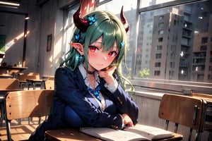 Very detailed, high quality, masterpiece, beautiful, BREAK 1 Girl, (beautiful red horns of a demon), (green hair), (close-up: 0.9), (16 years old), (fluffy, fragrant, shiny green hair, yellow-green inside, hair starting to dye), Blake, (self-hugging, hugging own body, hiding breasts with both arms),
(noble's long hair: 1.2), ((red eyes, beautiful as a jewel)), (short pointed ears, succubus's short pointed ears: 1)
Blake, (girl focus, female breasts), (blue eyes, beautiful as a jewel), embarrassed expression, BREAK, studying in a school library or studying in a classroom, (illustration of an open notebook, old illustration of a female demon in a book illustration:), (pencil drawing of a succubus in an ancient manuscript, old ancient manuscript), BREAK, dark blue blazer uniform, white collar shirt, long sleeves, (blue tie), (checkered blazer pants, checkered pants), dark jacket, peeking, BREAK viewer, (focus on face), sitting on chair studying, concentrating, tilting head, (cute gestures: 1.2), ((blue cross earrings, blue inside of hair)), blue butterfly hair ornament on head