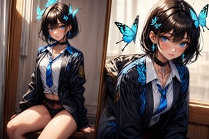 Masterpiece, highest quality, illustration, succubus princess, cute, cute, (portrait:0.7), (close-up:0.7), 1 girl, solo, looking at viewer, blushing, succubus smiling,


Her blue jewel-like eyes are so beautiful that you can almost be sucked into them.
Short hair, small braids (bangs are black and brown), hair between black and brown, holy cross hair ornament, shining blue cross hair ornament, blue cross clip, shiny inner hair (brown and blue) two-tone hair)

Accessories include gold and silver jewelry, x hair ornaments, and cross hair clips.
Butterfly earrings, butterfly & jewel choker (earrings & choker), (silk jet black lace choker), feminine black lace choker

Butterfly earrings, butterfly and jewel choker,
(Earrings and Chokers), A choker is a jet black lace choker accessory that resembles silk women's underwear or gold or silver jewelry.

short hair, bangs, blue eyes, brown hair, shirt, hair ornament, long sleeves, hair between the eyes, sitting, school uniform, jacket, white shirt, parted lips, tie, hair clip, collared shirt, pants, indoors, , medium hair, black jacket, plaid, Changing clothes, changing clothes, gym class, taking off, taking off clothes, (sensual pose)