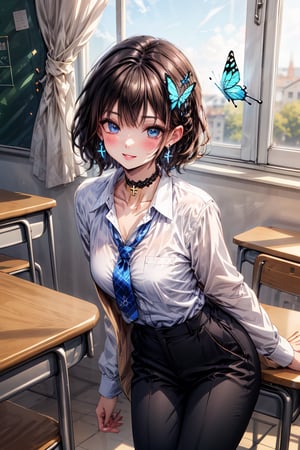 Masterpiece, highest quality, illustration, succubus princess, cute, cute, (portrait: 1), (close-up:1), (((1 girl, solo))), looking at viewer, blushing, smiling,


Her blue jewel-like eyes are so beautiful that you can almost be sucked into them.
Short hair, small braids (bangs are black and brown), hair between black and brown, holy cross hair ornament, shining blue cross hair ornament, blue cross clip, shiny inner hair (brown and blue) two-tone hair)

Accessories include gold and silver jewelry, x hair ornaments, and cross hair clips.
Butterfly earrings, butterfly & jewel choker (earrings & choker), (silk jet black lace choker), feminine black lace choker

Butterfly earrings, butterfly and jewel choker,
(Earrings and Chokers), A choker is a jet black lace choker accessory that resembles silk women's underwear or gold or silver jewelry.

short hair, bangs, blue eyes, brown hair, hair ornament, long sleeves, hair , school uniform, jacket, white shirt, parted lips, tie, hair clip, collared shirt, pants, indoors, , medium hair, black jacket, plaid, window,
Plaid slacks, chair, black pants, blazer, hair ornament, blue tie, , ((school)),school room