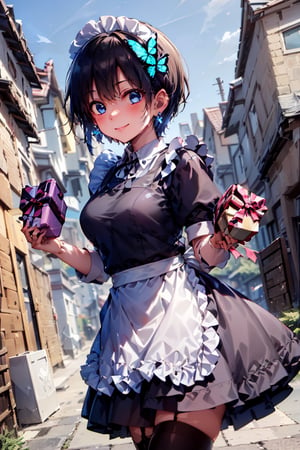 Very detailed,High quality,Masterpiece,Beautiful,BREAK 1 Girl,(Solo),(maid outfit, long skirt),((holding souvenirs in both hands)),(wrapped boxes in both hands, presents🎁)
,(cute smile:1.2)(16 years old),(Very short hair, Boyish beautiful girl: 1.2),(Short hair at the back, long hair at the front) BREAK,(Blue eyes, Beautiful like jewels),Cute expression,(Cute mannerisms: 1.2),((Blue cross) earrings, Blue hair inside),Blue butterfly hair ornament on head,Blake,Long skirt that reaches below the knee,
High school girl uniform,Long skirt,((Fuurinkan High School Girls Uniform)),((Mary Janes,Black leather shoes)),Apron dress,Schoolgirl uniform