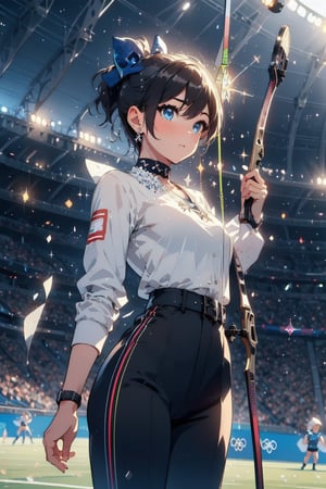 Paris Olympics, (((Archery))), Olympic archery competition, anime-style beauty, 1 person, ((Short pointy ears, succubus demon ears: 0.7)), boyish girl,
(shiny black hair, very short hair), boyish girl, lively girl, , cross lace choker, cross necklace, cross earrings, Blake,
Archery, arrow (projectile), blue pants, bow, (weapon), chest guard, long sleeves, playing sports, single glove, solo, stadium, visor cap, ((bowstring)), holding a bow, (weapon), holding an arrow, taking aim, fingerless gloves, athlete's uniform, target within range, Olympic venue, ((Olympic stadium, crowd in distant stands, stadium, Olympic venue)),
Blake, , vibrant colors, sharp focus, best quality, depth of field, cinematic perfect lighting, (illustration, 8k CG,Very detailed),Ultra detailed,High resolution,Fireflies,Perfect light,8k,Very clear,Best quality,High resolution.Best quality,Illustration,Saxe blue,Single woman,Cute,(Dynamic lighting: 1.2),Cinematic lighting,Delicate facial features,Detailed eyes,Sharp pupils,Realistic pupils,Depth of field,Bokeh,Sharp focus,(Ultra detailed,Bloom,Sparkle: 1.4),Lots of little gems,Intermission,Cheering,Official scorer,Spectators in distant stands,Stadium,Olympic venue,