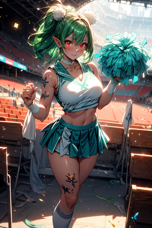 Full body, big beautiful breasts, very cute face, seductive succubus, super detailed face, (red eyes: 1.3), (ruby eyes, red gemstone eyes),, (shiny green hair, shiny green hair, long hair with green glitter, aristocratic wavy green hair), ((white sleeveless cheerleader uniform, holding pom-poms in both hands: 1.3)), stadium seats, ((tattoo on stomach, devil mark under skirt, tattoo on lower abdomen), (beautiful fingers, one of five fingers is a thumb, hands have beautiful and natural shapes) beautiful face, super detailed eyes, detailed hands, detailed fingers,
cross lace choker, cross necklace, cross earrings, ((short pointed ears, succubus devil ears)), breakout, blue butterfly hair accessory, breakout, bright colors, sharp focus, best quality, depth of field, cinematic lighting, (illustration, 8k CG,Very detailed),Ultra detailed,High resolution,Fireflies,Perfect light,8k,Very clear,Best quality,High resolution.Best quality,Illustration,Saxe blue,Single woman,Cute,(Dynamic lighting:1.2),Cinematic lighting,Delicate face,Squint eyes,Sharp eyes,Realistic eyes,Depth of field,Bokeh,Sharp focus,(Ultra detailed,Bloom,Brightness:1.4),Lots of little gems,Break,Cheering,Official scorer,Distant grandstand,Stadium,Olympic venue,