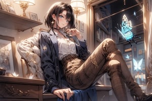 Masterpiece, Best Quality, 2020 Anime, Succubus Queen, 
(1 female, solo), smile, short hair, bangs, jewel blue eyes, hair ornament, long sleeves, hair between the eyes, school uniform, jacket, white shirt, (light brown black hair) cross earrings blue or shiny , open clothes, lace choker with cross, stripes, collared shirt, pants, (dark blue uniform with open jacket), dress shirt, checked pants, slightly shiny hair waves, uniform blazer, fluttering butterfly, blue tie, cross Hairpin, butterfly hair ornament, hidden shirt, striped blue tie, blue butterfly, (plaid uniform pants), (night), background Dining room at night,
break,
(Cute sitting model pose), (hand between legs: 1.2), (leaning forward: 1), (cowboy shot: 1.4), (from the front), (from diagonally in front: 1.3), staring) Observer: 1.4), (upward gaze: 1.2),
break,
(Underwear: 1.3), (Black stockings: 1.2), High heels,
break,
(Standing: 1.3), dynamic pose,
break,
(blush: 1.2), (smile: 1.3),
break,
(Whole body: 0.4), (From the side: 1.2), (Profile: 0.6), (From the front: 1.4),
break,
(Closet room with lots of clothes: 1.4),
break,
dynamic angle,
break,
(Pale and vivid colors: 0.6), (Real: 0.6), (Ultra wide-angle shooting: 0.6), (White background: 0.6),virgin destroyer sweater