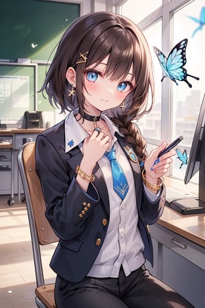 Masterpiece, highest quality, wonderful cute illustration, succubus princess, beautiful, aesthetic and cute, one girl, solo, looking at camera, blushing, half-beautiful girl's smile,
break,
(The background is the school's broadcasting room). Across the glass from the recording studio is the school's cafeteria, where there are several students.

Her jewel-like blue eyes are so beautiful that you can almost be drawn into them.
Short hair, small braids (bangs are black and brown), hair between black and brown, holy cross hair ornament, shining blue cross hair ornament, blue cross clip, shiny inner hair (brown and blue) )'s two-tone hair)
break,
Accessories include gold and silver jewelry, x hair ornaments, and cross hair clips.
Butterfly earrings, butterfly & jewel choker (earrings & choker), (silk jet black lace choker), feminine black lace choker
break,
Butterfly earrings, butterfly and jewel choker,
(Earrings/Choker) A choker is a jet black lace choker accessory that is reminiscent of silk women's underwear or gold and silver jewelry.
break,
(Decorating a beautiful girl in pants with flowers:1), sitting, taking notes, (researching on a smartphone),(smartphone:1)
Dark blue blazer school uniform, jacket, white shirt, upper body, tie, choker, sun, hair clip, collared shirt, indoors, bracelet, two-tone hair, open jacket, black jacket, book, window, black choker, chair, ring , blazer, butterfly, desk, blue tie, colored inner fur, pen, classroom, blue butterfly