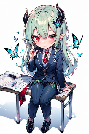 (Cute two-headed character, chibi character, moving chibi character, full body chibi character),BREAK 1 girl, (solo), (16 years old),
 (fluffy, fragrant, shiny green hair, yellow-green inside, hair starting to dye),
(noble's long hair: 1.2), ((red eyes, beautiful as a jewel)), (short, pointed ears, succubus's short, pointed ears: 1)
Blake, (girl focus, female breasts), (blue eyes, beautiful as a jewel), embarrassed expression, BREAK, studying in a school library or studying in a classroom, (open notebook illustration, old illustration of a female demon in a book illustration:), (pencil drawing of a succubus in an ancient manuscript, old ancient manuscript), BREAK, dark blue blazer uniform, white collar shirt, long sleeves, (blue tie), (checkered blazer pants, checkered pants), dark jacket, peeking, BREAK viewer, (focus on face), sitting in a chair studying, concentrating, tilting head, (cute gestures: 1.2), ((blue cross earrings, blue inside of hair), blue butterfly hair ornament on head