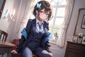 Masterpiece, Best Quality, 2020 Anime, Succubus Queen, 
(1 female, solo), smile, short hair, bangs, jewel blue eyes, hair ornament, long sleeves, hair between the eyes, school uniform, jacket, white shirt, (light brown black hair) cross earrings blue or shiny , open clothes, lace choker with cross, stripes, collared shirt, pants, (dark blue uniform with open jacket), dress shirt, checked pants, slightly shiny hair waves, uniform blazer, fluttering butterfly, blue tie, cross Hairpin, butterfly hair ornament, hidden shirt, striped blue tie, blue butterfly, (plaid uniform pants), (night), background Dining room at night,
break,
(Cute sitting model pose), (hand between legs: 1.2), (leaning forward: 1), (cowboy shot: 1.4), (from the front), (from diagonally in front: 1.3), staring) Observer: 1.4), (upward gaze: 1.2),
break,
(Underwear: 1.3), (Black stockings: 1.2), High heels,
break,
(Standing: 1.3), dynamic pose,
break,
(blush: 1.2), (smile: 1.3),
break,
(Whole body: 0.4), (From the side: 1.2), (Profile: 0.6), (From the front: 1.4),
break,
(Closet room with lots of clothes: 1.4),
break,
dynamic angle,
break,
(Pale and vivid colors: 0.6), (Real: 0.6), (Ultra wide-angle shooting: 0.6), (White background: 0.6),virgin destroyer sweater