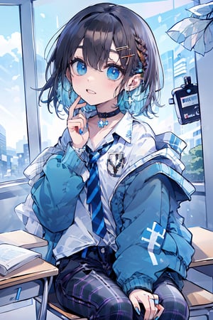 Masterpiece, highest quality, illustration, succubus princess, cute, cute, (portrait: 1), (close-up:1), 1 girl, solo, looking at viewer, blushing, smiling,


Her blue jewel-like eyes are so beautiful that you can almost be sucked into them.
Short hair, small braids (bangs are black and brown), hair between black and brown, holy cross hair ornament, shining blue cross hair ornament, blue cross clip, shiny inner hair (brown and blue) two-tone hair)

Accessories include gold and silver jewelry, x hair ornaments, and cross hair clips.
Butterfly earrings, butterfly & jewel choker (earrings & choker), (silk jet black lace choker), feminine black lace choker

Butterfly earrings, butterfly and jewel choker,
(Earrings and Chokers), A choker is a jet black lace choker accessory that resembles silk women's underwear or gold or silver jewelry.

short hair, bangs, blue eyes, brown hair, shirt, hair ornament, long sleeves, hair between the eyes, sitting, school uniform, jacket, white shirt, parted lips, tie, hair clip, collared shirt, pants, indoors, , medium hair, black jacket, plaid, window,
Plaid slacks, chair, black pants, blazer, hair ornament, blue tie, desk, school desk,1guy