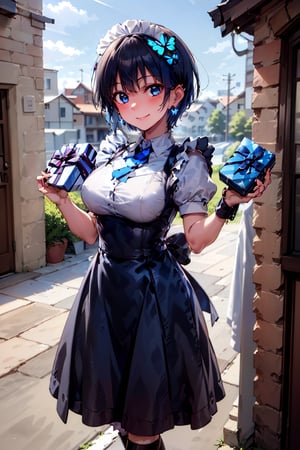 Very detailed,High quality,Masterpiece,Beautiful,BREAK 1 Girl,(Solo),(maid outfit, long skirt),((holding souvenirs in both hands)),(wrapped boxes in both hands, presents🎁)
,(cute smile:1.2)(16 years old),(Very short hair, Boyish beautiful girl: 1.2),(Short hair at the back, long hair at the front) BREAK,(Blue eyes, Beautiful like jewels),Cute expression,(Cute mannerisms: 1.2),((Blue cross) earrings, Blue hair inside),Blue butterfly hair ornament on head,Blake,Long skirt that reaches below the knee,
High school girl uniform,Long skirt,((Fuurinkan High School Girls Uniform)),((Mary Janes,Black leather shoes)),Apron dress,Schoolgirl uniform