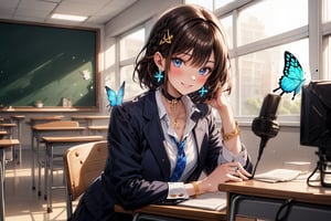 Masterpiece, highest quality, wonderful cute illustration, succubus princess, beautiful, aesthetic and cute, one girl, solo, looking at camera, blushing, half-beautiful girl's smile,
break,
(The background is the school's broadcasting room). Across the glass from the recording studio is the school's cafeteria, where there are several students.

Her jewel-like blue eyes are so beautiful that you can almost be drawn into them.
Short hair, small braids (bangs are black and brown), hair between black and brown, holy cross hair ornament, shining blue cross hair ornament, blue cross clip, shiny inner hair (brown and blue) )'s two-tone hair)
break,
Accessories include gold and silver jewelry, x hair ornaments, and cross hair clips.
Butterfly earrings, butterfly & jewel choker (earrings & choker), (silk jet black lace choker), feminine black lace choker
break,
Butterfly earrings, butterfly and jewel choker,
(Earrings/Choker) A choker is a jet black lace choker accessory that is reminiscent of silk women's underwear or gold and silver jewelry.
break,
(Decorating a beautiful girl in pants with flowers:1), sitting, taking notes, (researching on a smartphone),(smartphone:1)
Dark blue blazer school uniform, jacket, white shirt, upper body, tie, choker, sun, hair clip, collared shirt, indoors, bracelet, two-tone hair, open jacket, black jacket, book, window, black choker, chair, ring , blazer, butterfly, desk, blue tie, colored inner fur, pen, classroom, blue butterfly