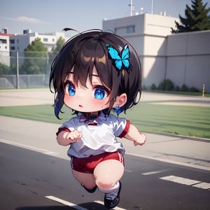 Cute 2D character, Chibi character, Moving Chibi character, Full body Chibi character),
BREAK 1 Girl,(Solo),(16 years old),(Very short hair, Boyish beautiful girl: 1.2),(Short hair at the back, long hair at the front) BREAK,((Running up a slope)), (Girl running at full speed: 1.2),,Cute expression,red mushroom in girl's gym clothes,Large Amanita mushroom in small mouth,BREAK,White shirt with red collar,White shirt with red sleeves,BREAK,(Cute gestures: 1.2),((Blue cross) earrings,Blue hair inside),Blue butterfly hair ornament on head,Buruma in gym clothes stained with milky milk,((Plump buruma, Tight red buruma)), BRS2, ​​KJP530SR, burumaR2,
Red bloomers/2 sidelines,
taisoufukuR, gym uniform,
gym uniform (with red trim on collar and sleeves)

Matsuura 601 type (red bloomers/2 side lines)
BRS2, ​​M601R, burumaR2,,