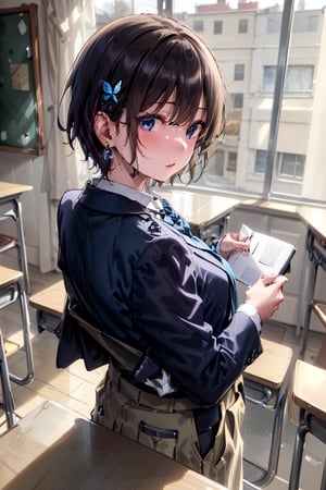 Very detailed, High quality, Masterpiece, Beautiful, BREAK 1 Girl, (Solo), (16 years old), (Very short hair, boyish beautiful girl: 1.2), (Short hair at the back, long hair at the front) Blake, (Focus on blackboard, large blackboard), (Blue eyes, beautiful like jewels), Embarrassed expression, BREAK, ((Standing, large blackboard in background)), Graffiti written on classroom blackboard, Illustration of succubus, Illustration of female demon drawn in illustration, Hand-drawn illustration of succubus, BREAK, Dark blue blazer uniform, White collar shirt, Long sleeves, (Blue tie), (Gray and blue checkered blazer pants, Blue checkered pants), Dark jacket, BREAK Viewer, Concentration, Tilting head, (Cute gesture: 1.2), ((Blue cross) earrings, Blue inside of hair), Blue butterfly hair ornament on head