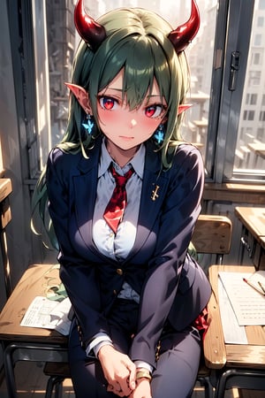 Very detailed, high quality, masterpiece, beautiful, BREAK 1 Girl, (beautiful red horns of a demon), (green hair), (close-up: 0.9), (16 years old), (fluffy, fragrant, shiny green hair, yellow-green inside, hair starting to dye), Blake, (self-hugging, hugging own body, hiding breasts with both arms),
(noble's long hair: 1.2), ((red eyes, beautiful as a jewel)), (short pointed ears, succubus's short pointed ears: 1)
Blake, (girl focus, female breasts), (blue eyes, beautiful as a jewel), embarrassed expression, BREAK, studying in a school library or studying in a classroom, (illustration of an open notebook, old illustration of a female demon in a book illustration:), (pencil drawing of a succubus in an ancient manuscript, old ancient manuscript), BREAK, dark blue blazer uniform, white collar shirt, long sleeves, (blue tie), (checkered blazer pants, checkered pants), dark jacket, peeking, BREAK viewer, (focus on face), sitting on chair studying, concentrating, tilting head, (cute gestures: 1.2), ((blue cross earrings, blue inside of hair)), blue butterfly hair ornament on head