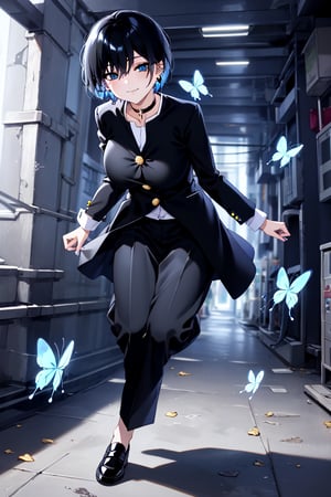 Masterpiece, best quality, super detailed, high resolution,
1 girl, (gakuran), (student uniform, ((gakuran, pants)), gakuran student, black clothes, Taisho Romance: 0.5),
pants, slacks, (wearing school uniform, school uniform, gold buttons),
open clothes, white shirt visible through open clothes, gakuran uniform shirt,, double jacket,

Succubus girl, beautiful and detailed, elegant, full body, female, young, beautiful, face, smiling, large breasts,

Very small pink hair ribbon, ribbon under hair, next to ear ribbon

Beautiful blue eyes that captivate the viewer,
(((beautiful boyish girl))), (((very short hair))), very cute and beautiful like a boy,
(((eyeshadow))), (big breasts), beautiful breasts,

(((beautiful black hair))), (shiny black hair: 1.3), ((very short hair, beautiful boyish girl)), blue butterfly hair accessory, lace choker, cross accessory, earrings, blue hair accessory, (small pink ribbon hair accessory: 0.6)