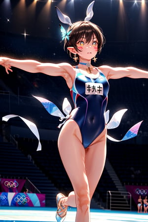 (((Engraving on the lower abdomen of the swimsuit, Pattern on the lower body of the swimsuit, Emblem on the high leg, Lewd mark))),
Title: "Graceful Elegance" At the center of the magnificent ((Olympic venue)), the stage is set for a captivating (rhythmic gymnast) to step into the spotlight and showcase her artistry and athleticism. Her lithe body is caught in the middle of her performance, arching into poses that exude grace and dignity. With incredible flexibility and control, her long, lean limbs extend with a fluidity that captivates all who see them. She is the epitome of beauty and strength in her ((form-fitting leotard)) adorned with sparkling crystals that catch and reflect the arena lights. The dazzling costume adds a touch of glamour to her performance, visually accentuating the precision and poise with which she moves. The gymnast's skills are on display as she performs her mesmerizing routine. Her hypnotic Perhaps colorful ribbons swirl behind her as she dances gracefully. Or perhaps she balances a hoop or ball with perfect grace, or manipulates a club with fluid movements that speak to her skill. Her face, framed by a perfect hairstyle that complements every movement, is a mixture of intense concentration and theatrical talent. Every muscle in her body is clearly in motion, from her pointed toes that barely touch the ground to her expressive fingertips that give the performance a sense of dynamism. The background, slightly blurred to emphasize the gymnast's presence, hints at the grandeur of the Olympic venue without obscuring the subject.
Blake, Boyish Girl, (Shiny Dark Hair, Very Short Hair), Boyish Girl, Lively Girl, , Cross lace choker, cross necklace, cross earrings, ((short pointy ears, succubus demon ears: 0.7), break, blue butterfly hair accessory, breakout, bright colors, sharp focus, best quality, depth of field, cinematic lighting, (illustrated, 8k CG, very detailed), ultra detailed, high resolution, firefly, perfect light, 8k, very clear, best quality, high resolution. best quality, illustrated, sax blue, single woman, cute, (dynamic lighting: 1.2), cinematic lighting, delicate face, narrow eyes, sharp pupils, realistic pupils, depth of field, bokeh, sharp focus, (ultra detailed, bloom, brightness: 1.4), lots of little gems, break, cheers, official scorer, spectators in far stands, stadium, Olympic venue,