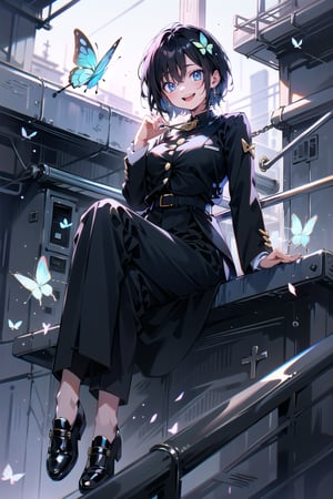 Masterpiece, best quality, super detailed, high resolution,
1 girl, (((gakuran))、medium breasts, (school uniform, (((gakuran, pants))), gakuran student, black clothes, Taisho Roman:1.2), 
Pants, slacks, (wearing school uniform, school uniform, gold buttons),
open clothes, double jacket,

Succubus girl, beautifully detailed, elegant, full body, female, young, beautiful, face, smile, large breasts,

Very small pink hair ribbon, ribbon under hair, ribbon next to ear

Beautiful blue eyes that captivate the viewer,
(((boyish beautiful girl))), (((very short hair))), very cute and beautiful like a boy,
(((eyeshadow))), (large breasts), beautiful breasts,

(((beautiful black hair))),(shiny black hair:1.3),((very short hair, boyish beautiful girl)), blue butterfly hair ornament, lace choker, cross accessory, earrings, blue hair lining, (small pink ribbon hair ornament:0.6)