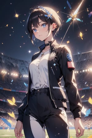 Paris Olympics, (((Archery))), Olympic archery competition, anime-style beauty, 1 person, ((Short pointy ears, succubus demon ears: 0.7)), boyish girl,
(shiny black hair, very short hair), boyish girl, lively girl, , cross lace choker, cross necklace, cross earrings, Blake,
Archery, arrow (projectile), blue pants, bow, (weapon), chest guard, long sleeves, playing sports, single glove, solo, stadium, visor cap, ((bowstring)), holding a bow, (weapon), holding an arrow, taking aim, fingerless gloves, athlete's uniform, target within range, Olympic venue, ((Olympic stadium, crowd in distant stands, stadium, Olympic venue)),
Blake, , vibrant colors, sharp focus, best quality, depth of field, cinematic perfect lighting, (illustration, 8k CG,Very detailed),Ultra detailed,High resolution,Fireflies,Perfect light,8k,Very clear,Best quality,High resolution.Best quality,Illustration,Saxe blue,Single woman,Cute,(Dynamic lighting: 1.2),Cinematic lighting,Delicate facial features,Detailed eyes,Sharp pupils,Realistic pupils,Depth of field,Bokeh,Sharp focus,(Ultra detailed,Bloom,Sparkle: 1.4),Lots of little gems,Intermission,Cheering,Official scorer,Spectators in distant stands,Stadium,Olympic venue,