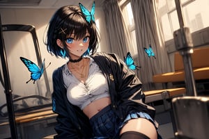 Masterpiece, highest quality, illustration, succubus princess, cute, cute, (portrait:0.7), (close-up:0.7), 1 girl, solo, looking at viewer, blushing, succubus smiling,


Her blue jewel-like eyes are so beautiful that you can almost be sucked into them.
Short hair, small braids (bangs are black and brown), hair between black and brown, holy cross hair ornament, shining blue cross hair ornament, blue cross clip, shiny inner hair (brown and blue) two-tone hair)

Accessories include gold and silver jewelry, x hair ornaments, and cross hair clips.
Butterfly earrings, butterfly & jewel choker (earrings & choker), (silk jet black lace choker), feminine black lace choker

Butterfly earrings, butterfly and jewel choker,
(Earrings and Chokers), A choker is a jet black lace choker accessory that resembles silk women's underwear or gold or silver jewelry.

short hair, bangs, blue eyes, brown hair, shirt, hair ornament, long sleeves, hair between the eyes, sitting, school uniform, jacket, white shirt, parted lips, tie, hair clip, collared shirt, pants, indoors, , medium hair, black jacket, plaid, Changing clothes, changing clothes, gym class, taking off, taking off clothes, (sensual pose)