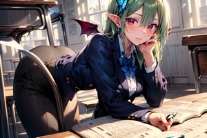 Very detailed, high quality, masterpiece, beautiful, BREAK 1 girl, (close-up), (16 years old), (fluffy, fragrant, shiny green hair, yellow-green inside, hair starting to dye),
(noble's long hair: 1.2), ((red eyes, beautiful as a jewel)), (short, pointed ears, succubus's short, pointed ears: 1)
Blake, (girl focus, female breasts), (blue eyes, beautiful as a jewel), embarrassed expression, BREAK, studying in a school library or studying in a classroom, (open notebook illustration, old illustration of a female demon in a book illustration:), (pencil drawing of a succubus in an ancient manuscript, old ancient manuscript), BREAK, dark blue blazer uniform, white collar shirt, long sleeves, (blue tie), (checkered blazer pants, checkered pants), dark jacket, peeking, BREAK viewer, (focus on face), sitting in a chair studying, concentrating, tilting head, (cute gestures: 1.2), ((blue cross earrings, blue inside of hair), blue butterfly hair ornament on head