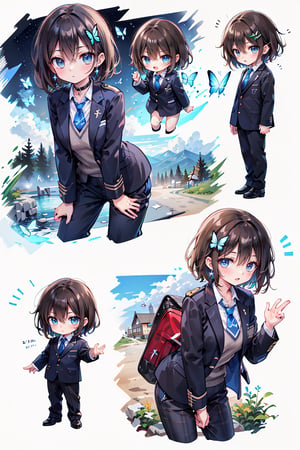 Highest quality (Chibi character character reference sheet: 1.2), (2-headed character: 1.1) (4 views: 1.1), (Mini character 4 panels: 0.9), (Chibi character facial expression variations: 1.1), (Chibi character 4 types: 1), White background


（Background, panorama of a winding journey through forests and hills, arriving at a plateau like a hidden jewel that unfolds like a secret world above the clouds.)
Her blue jewel-like eyes are so beautiful they draw you in.
Large breasts, 
(beautiful pointed ears hidden by hair: 0.9),

(1 female, solo), smile, short hair, bangs, jewel blue eyes, hair ornament, long sleeves, hair between the eyes, school uniform, jacket, white shirt, (light brown black hair) cross earrings blue or shiny , open clothes, lace choker with cross, stripes, collared shirt, pants, (dark blue uniform with open jacket), dress shirt, checked pants, slightly shiny hair waves, uniform blazer, fluttering butterfly, blue tie, cross Hairpin, butterfly hair ornament, hidden shirt, striped blue tie, blue butterfly, (plaid uniform pants), (night), background Dining room at night,
break,
(Cute sitting model pose), (hand between legs: 1.2), (leaning forward: 1), (cowboy shot: 1.4), (from the front), (from diagonally in front: 1.3), staring) Observer: 1.4), (upward gaze: 1.2),
break,
(Underwear: 1.3), (Black stockings: 1.2), High heels,
break,
(Standing: 1.3), dynamic pose,
break,
(blush: 1.2), (smile: 1.3),
break,
(Whole body: 0.4), (From the side: 1.2), (Profile: 0.6), (From the front: 1.4),
break,
(Closet room with lots of clothes: 1.4),
break,
dynamic angle,

(Pale and vivid colors: 0.6), (Real: 0.6), (Ultra wide-angle shooting: 0.6), (White background: 0.6),virgin destroyer sweater