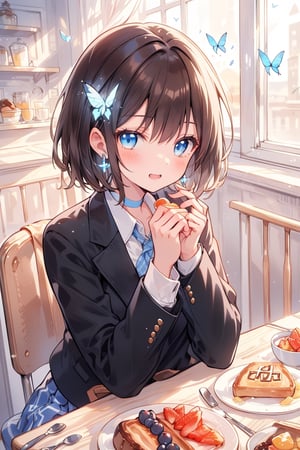 Masterpiece, highest quality, illustration, succubus princess, cute, cute, (portrait: 0.9), (close-up: 0.9), 1 girl, solo, looking at camera, blushing, smiling,
break,
(1 female, solo: 1.4),
break,
(Breakfast, a 17-year-old beautiful girl's dining table, a cute breakfast that looks good in her school uniform: 1.3), (surrounded by flowers), the background is breakfast in a person's living room,

,(closed shirt and thin chest),(boyish beauty is beautiful like a boy),
(Slightly pointed beautiful ears: 0.7),
(Short hair, beautiful shiny black hair, dark brown hair: 1.3), (Two-tone hair with light blue inside: 0.7)

Cross hairpin, (jewel-like blue eyes), blue butterfly hair ornament, beautiful eyes,
Lace choker, wide frills, cross (shiny blue), blue dyed hair, blue butterflies flying around.
,
cross hairpin,
blue eyes,
Magical eyes like blue jewels), blue butterfly hair ornaments, beautiful eyes,
lace choker, wide frill)
A cross (shiny blue) shines on the choker, the cross earrings glow blue and dye her hair, and blue butterflies fly around.
break,
, (blazer uniform, blue tie, beautiful legs in checkered pants), checkered blazer uniform and pure white shirt (closed shirt collar and boy's uniform tie), holy high school girl reminiscent of Sister Nun, beautiful legs, brown leather shoes,
(sensual pose),
break,
(Liar's blush:), (Devil's embarrassed face:), (evil smile), (opens mouth), (closes eyes),
break,

break,
(Vivid colors), (Realistic colors), (Transparent colors), (Shiny colors),