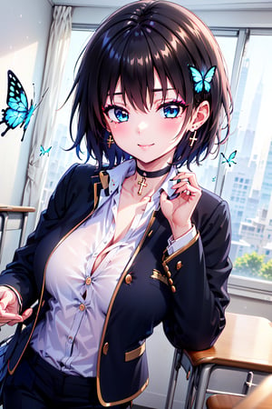 Masterpiece, best quality, super detailed, high resolution, ((solo girl)),
1 girl,((Gakuran at school, Gakuran neck hook, gold buttons, Gakuran dress shirt))、
school uniform,
((school uniform collar)), black school uniform collar,
school uniform pants,
uniform white shirt,
uniform black slacks,
(school uniform gold buttons)
open clothes,
double jacket,

big breasts,
((very short hair)),
(((boyish beautiful girl)))
very cute and beautiful like a boy, (((eyeshadow))), (big breasts), beautiful breasts, (((beautiful black hair))), (shiny black hair: 1.3), very short hair, boyish beautiful girl
, (school uniform), big breasts, school uniform, (school uniform, pants), student in school uniform, white shirt, Taisho Roman: 1.2), pants, slacks, (wearing school uniform, school uniform, gold buttons), open clothes, double jacket, succubus girl, beautiful and detailed, elegant, full body, female, young, beautiful, face, smile, big breasts, very small pink hair ribbon, ribbon under hair, ribbon next to ear, beautiful blue eyes that captivate the viewer, blue butterfly hair ornament, lace choker, cross accessory, earrings, blue hair ornament, (small pink ribbon hair ornament: 0.6)