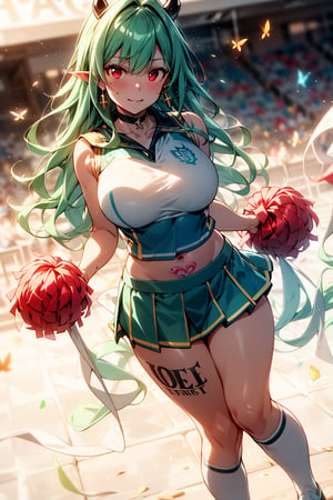 Full body, big beautiful breasts, very cute face, seductive succubus, super detailed face, (red eyes: 1.3), (ruby eyes, red gemstone eyes),, (shiny green hair, shiny green hair, long hair with green glitter, aristocratic wavy green hair), ((white sleeveless cheerleader uniform, holding pom-poms in both hands: 1.3)), stadium seats, ((tattoo on stomach, devil mark under skirt, tattoo on lower abdomen), (beautiful fingers, one of five fingers is a thumb, hands have beautiful and natural shapes) beautiful face, super detailed eyes, detailed hands, detailed fingers,
cross lace choker, cross necklace, cross earrings, ((short pointed ears, succubus devil ears)), breakout, blue butterfly hair accessory, breakout, bright colors, sharp focus, best quality, depth of field, cinematic lighting, (illustration, 8k CG,Very detailed),Ultra detailed,High resolution,Fireflies,Perfect light,8k,Very clear,Best quality,High resolution.Best quality,Illustration,Saxe blue,Single woman,Cute,(Dynamic lighting:1.2),Cinematic lighting,Delicate face,Squint eyes,Sharp eyes,Realistic eyes,Depth of field,Bokeh,Sharp focus,(Ultra detailed,Bloom,Brightness:1.4),Lots of little gems,Break,Cheering,Official scorer,Distant grandstand,Stadium,Olympic venue,