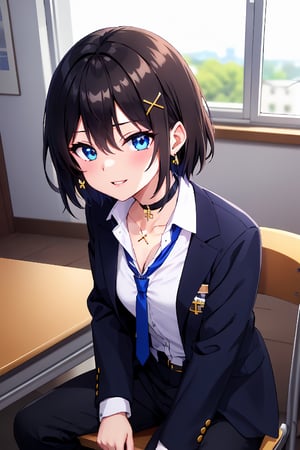 Masterpiece, highest quality, illustration, succubus princess, cute, cute, (portrait: 1), (close-up:1), 1 girl, solo, looking at viewer, blushing, smiling,


Her blue jewel-like eyes are so beautiful that you can almost be sucked into them.
Short hair, small braids (bangs are black and brown), hair between black and brown, holy cross hair ornament, shining blue cross hair ornament, blue cross clip, shiny inner hair (brown and blue) two-tone hair)

Accessories include gold and silver jewelry, x hair ornaments, and cross hair clips.
Butterfly earrings, butterfly & jewel choker (earrings & choker), (silk jet black lace choker), feminine black lace choker

Butterfly earrings, butterfly and jewel choker,
(Earrings and Chokers), A choker is a jet black lace choker accessory that resembles silk women's underwear or gold or silver jewelry.

short hair, bangs, blue eyes, brown hair, shirt, hair ornament, long sleeves, hair between the eyes, sitting, school uniform, jacket, white shirt, parted lips, tie, hair clip, collared shirt, pants, indoors, , medium hair, black jacket, plaid, window,
Plaid slacks, chair, black pants, blazer, hair ornament, blue tie, desk, school desk