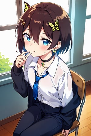 Masterpiece, highest quality, illustration, succubus princess, cute, cute, (portrait: 1), (close-up:1), 1 girl, solo, looking at viewer, blushing, smiling,


Her blue jewel-like eyes are so beautiful that you can almost be sucked into them.
Short hair, small braids (bangs are black and brown), hair between black and brown, holy cross hair ornament, shining blue cross hair ornament, blue cross clip, shiny inner hair (brown and blue) two-tone hair)

Accessories include gold and silver jewelry, x hair ornaments, and cross hair clips.
Butterfly earrings, butterfly & jewel choker (earrings & choker), (silk jet black lace choker), feminine black lace choker

Butterfly earrings, butterfly and jewel choker,
(Earrings and Chokers), A choker is a jet black lace choker accessory that resembles silk women's underwear or gold or silver jewelry.

short hair, bangs, blue eyes, brown hair, shirt, hair ornament, long sleeves, hair between the eyes, sitting, school uniform, jacket, white shirt, parted lips, tie, hair clip, collared shirt, pants, indoors, , medium hair, black jacket, plaid, window,
Plaid slacks, chair, black pants, blazer, hair ornament, blue tie, desk, school desk