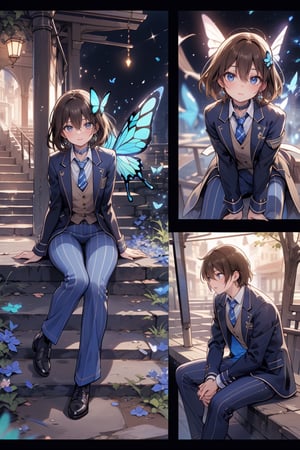 A man touches her from behind, tentacles attack her,

Highest quality (Beautiful Landing official game character reference sheet: 1.2), (Fantasy girl: 1.1) (3 views: 1.1), (description speech bubble: 0.9), (facial expression variations: 1.1), (special weapon, magic illustration: 1.0)

(cute succubus pointy ears hidden in hair: 0.6), tips of ears hidden in hair,

smiling, short hair, bangs, jewel-like blue eyes, hair accessory, long sleeves, hair between eyes, uniform, jacket, white shirt, (light brown black hair) cross earrings blue or shiny, open clothes, cross lace choker, striped, collared shirt, pants, (dark blue uniform with open jacket), dress shirt, checked pants, slightly shiny hair waves, uniform blazer, fluttering butterfly, blue tie, cross hairpin, butterfly hair accessory, hidden shirt, striped blue tie, blue butterfly, (checked uniform pants), (night),
break,
(cute sitting model pose), (hands between legs: 1.2), (Leaning forward: 1), (Front: 1), (Two-quarter view: 1), Staring at) Observer: 1), (Looking up: 1),
Blake,
(Sensual succubus standing: 1.3), Dynamic pose,
Blake,
(Blushing: 1.2), (Smiling: 1.3),

(Full body: 0.4), (Side: 1.2), (Profile: 0.6), (Front: 1.4),
Sensual angle,
Blake,
(Outdoors, soft and vibrant colors: 0.6), (Realistic: 0.6), (Ultra-wide shot in the city: 0.6), (City at night background: 0.6)
Blake,
Outdoors, under a moonlit sky, the veiled scene of a forest glade (brings to life the magic of the city at night) and fairy lights and laughter fill the air, creating an enchanting atmosphere