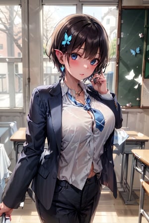 Very detailed, High quality, Masterpiece, Beautiful, BREAK 1 Girl, (Solo), (16 years old), (Very short hair, boyish beautiful girl: 1.2), (Short hair at the back, long hair at the front) Blake, (Focus on blackboard, large blackboard), (Blue eyes, beautiful like jewels), Embarrassed expression, BREAK, ((Standing, large blackboard in background)), Graffiti written on classroom blackboard, Illustration of succubus, Illustration of female demon drawn in illustration, Hand-drawn illustration of succubus, BREAK, Dark blue blazer uniform, White collar shirt, Long sleeves, (Blue tie), (Gray and blue checkered blazer pants, Blue checkered pants), Dark jacket, BREAK Viewer, Concentration, Tilting head, (Cute gesture: 1.2), ((Blue cross) earrings, Blue inside of hair), Blue butterfly hair ornament on head