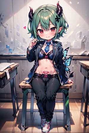 (Cute two-dimensional character, Chibi character, Moving Chibi character, Full body Chibi character), BREAK One girl, (Solo), (16 years old), (Very short hair, Boyish beautiful girl: 1.2), ((Glossy green hair)), BREAK, (Focus on girl, Female breasts), (Red eyes, Beautiful like jewels), Embarrassed expression, BREAK, Studying in school library or studying in classroom, (Illustration of open notebook, Old illustration of female demon in book illustration: 1.3), ((Pencil drawing of succubus in ancient manuscript, Old ancient manuscript)), BREAK, Dark blue blazer uniform, White collar shirt, Long sleeves, (Blue tie), (Checked blazer pants, Checked pants), Dark jacket, Peeping, BREAK Viewer, (Focus on face), Sitting in chair, Studying, Concentrating, Tilts head, (Cute gestures: 1.2), ((Blue cross earrings, blue hair inside)), blue butterfly hair accessory on head, , devilish smile, large breasts, (white socks), (long hair), cleavage, underwear with small red ribbon, bra, (black underwear: 1.2), (plain black underwear: 1.3), lace, real, (pink sneakers), Blake, (pattern on lower abdomen, red pattern on pubic area, red tattoo on abdomen)), Blake, black devil tail, devil wings, (red horns and red eyes: 1.3), (green hair)), (green shiny beautiful hair: 1.3), (starting to dye hair black), (blue butterfly hair accessory: 1.2), shiny cross earrings, cross lace choker, (blue hair in the middle), (classroom in background, other students in background), (Nakano Ichika: 0.7), butterfly hair accessory, devil horns, (tail with heart-shaped tip)), devil wings, butterfly wings, butterfly hair accessory, watercolor