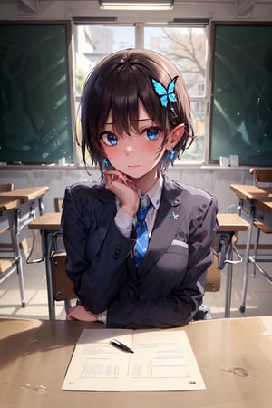 Very detailed, High quality, Masterpiece, Beautiful, BREAK 1 Girl, (Solo), (16 years old), (Very short hair, boyish beautiful girl: 1.2), (Short hair at the back, long hair at the front) Blake, (Focus on blackboard, large blackboard), (Blue eyes, beautiful like jewels), Embarrassed expression, BREAK, ((Standing, large blackboard in background)), Graffiti written on classroom blackboard, Illustration of succubus, Illustration of female demon drawn in illustration, Hand-drawn illustration of succubus, BREAK, Dark blue blazer uniform, White collar shirt, Long sleeves, (Blue tie), (Gray and blue checkered blazer pants, Blue checkered pants), Dark jacket, BREAK Viewer, Concentration, Tilting head, (Cute gesture: 1.2), ((Blue cross) earrings, Blue inside of hair), Blue butterfly hair ornament on head