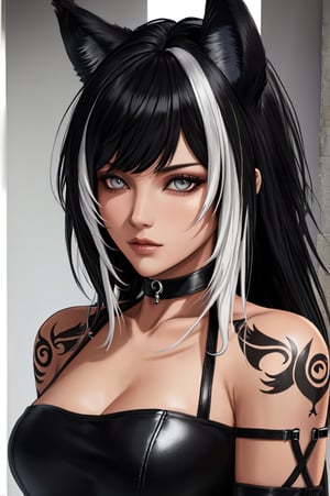 Female, solo, (black wolf ears), (((black hair))), long hair, ((white hair side bangs)), grey eyes, tattoos, split-color_hair, choker, cg:1.5, intricate designs, masterpiece, shader, shaded lighting, cold shoulder, leather choker, close up face