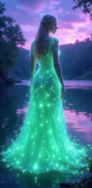 beautiful woman wearing an elegant dress made of bioluminescent plants, standing by the lake at night with a purple and blue sky in the background, trees on the other side of the water, a glowing light green dress, a white skin tone, detailed facial features, long hair, a full-body shot, looking back at the camera, in the style of fantasy art photography, cinematic, hyper-realistic, and super-resolution.,HDR