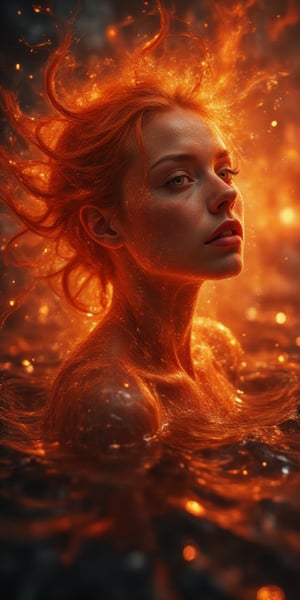 (best quality,absurdres), realistic, 8k, ultra-detailed, medium close up, female lava demon, demonic beautiful woman face, beautiful demon eyes, dangerous look, fiery long hair, part of the hair blown by the wind scatters fiery sparks, part of the hair floats on the surface of the lava, immersed in  lava, swimming in lava, only head and neck visible, body immersed in hot lava fire element, 