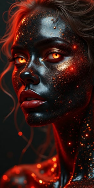 (body formed by galactic liquid mauevine and black metallic paint twisting into a beautiful interpretation of the female figure), au naturel,((complex galactic metallic colours in the foreground)), (( fluid mechanics, the loveliest smooth scale face makeup, smirky expression)) - red, black and gold, onyxia, metallic color palette g0s1,Artwork 