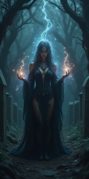 In a dimly lit, ancient cemetery, a mystical necromancer stands amidst crumbling headstones. Her ethereal beauty is illuminated by an otherworldly glow emanating from her piercing eyes. A flowing black robe drapes elegantly around her figure, adorned with intricate skull-shaped jewelry that seems to pulse with dark energy. As she raises her hands, a swirling vortex of mystical force erupts around her, casting a powerful spell into the night air. The mysterious atmosphere is palpable, punctuated by an eerie silence and an abundance of twisted, gnarled trees that seem to reach out like skeletal fingers.