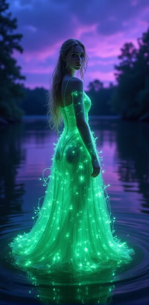 beautiful woman wearing an elegant dress made of bioluminescent plants, standing by the lake at night with a purple and blue sky in the background, trees on the other side of the water, a glowing light green dress, a white skin tone, detailed facial features, long hair, a full-body shot, looking back at the camera, in the style of fantasy art photography, cinematic, hyper-realistic, and super-resolution.,HDR