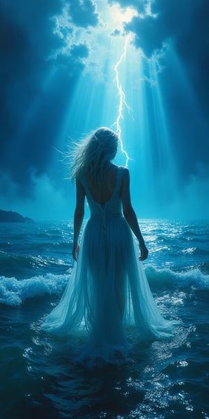 The goddess who controls the sea,Walking ashore from the ocean,beautiful,Backlight,Surrealism,Godhead,Cyber Surge,Blue-black tones,Light shining through the smoke,scattering,refraction,Diffuse,Tyndall effect,Brownian motion,Light beam,Dark Environment,Blue Coast,Blue and white ocean