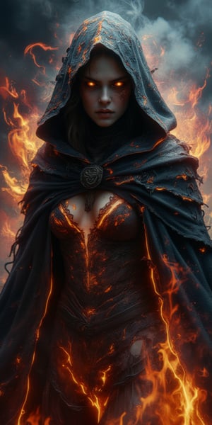 A powerful and intense image of a mysterious and fierce warrior, enveloped in a dark and smoldering atmosphere. She is dressed in a tattered, black hooded cloak that barely conceals her form, with glowing, ember-like patterns searing through the fabric and her skin, giving the impression of a being forged from fire and darkness. Her eyes glow ominously from beneath the shadow of her hood, exuding a sense of danger and otherworldly power. The clothing she wears underneath is a mix of intricate lace and leather, accentuating her form and adding to the dark allure of her appearance. The background is filled with swirling smoke and embers, creating a stark contrast with the fiery glow that seems to emanate from within her, as if she is on the brink of unleashing unimaginable power.

(((dark fire warrior))), close-up shot, intense lighting, smoldering atmosphere BREAK ((best quality:1.6)), ((high details:1.5)), ((highres:1.5)), ((4K:1.5)), ((ember effects:1.3)), ((tattered cloak:1.3)) BREAK inspired by the styles of Greg Rutkowski | Artgerm | Pascal Blanche | WLOP.