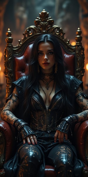 A lavish throne room set against a backdrop of distressed stone walls and flickering candles. A statuesque Dragqueen, her long black hair cascading down her back like a waterfall of night, sits regally upon a worn leather throne. Her eyes burn with an inner fire, their dark irises gleaming like onyx as she gazes out at the viewer. Her lips, painted a deep shade of indigo, curve into a sly smile, revealing a hint of metallic piercings that glint in the dim light. The Rococo punk fantasy outfit, adorned with intricate engravings and ornate hardware, appears to be crafted from dark, twisted metal, as if forged from the very essence of rock music itself.