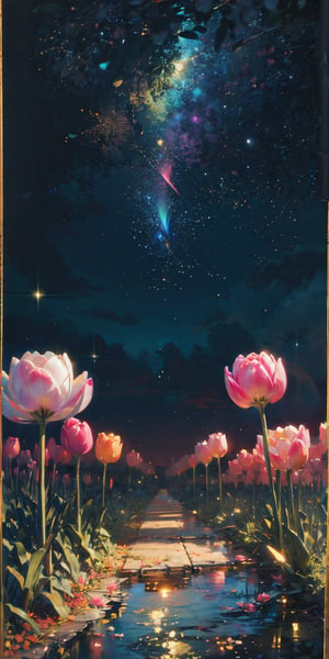 masterpiece, best quality, aesthetic,calligraphy brush,gold ink wash painting,Colorful tulip (flower),illustration,scenery,flower,glitter ,stars