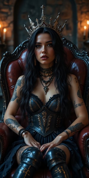 A lavish throne room set against a backdrop of distressed stone walls and flickering candles. A statuesque Dragqueen, her long black hair cascading down her back like a waterfall of night, sits regally upon a worn leather throne. Her eyes burn with an inner fire, their dark irises gleaming like onyx as she gazes out at the viewer. Her lips, painted a deep shade of indigo, curve into a sly smile, revealing a hint of metallic piercings that glint in the dim light. The Rococo punk fantasy outfit, adorned with intricate engravings and ornate hardware, appears to be crafted from dark, twisted metal, as if forged from the very essence of rock music itself.